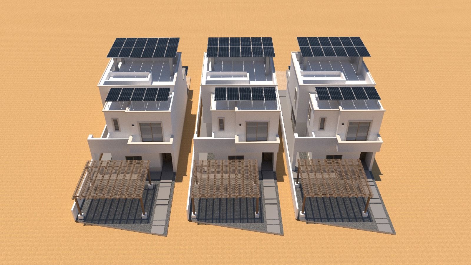 Render 3D de viviendas con paneles solares en azotea