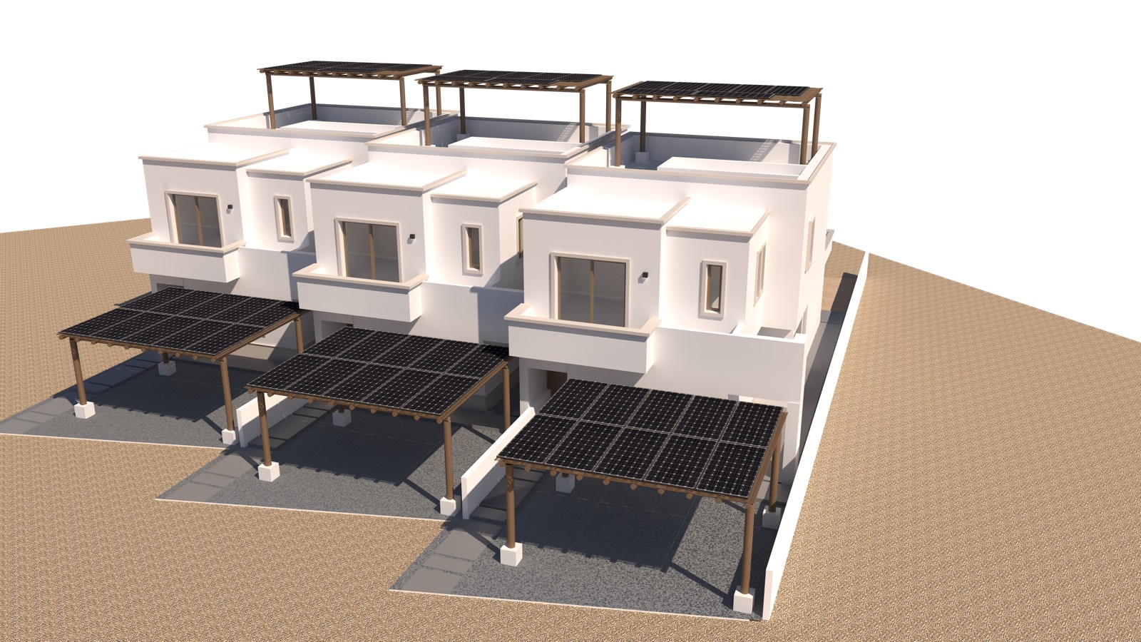 Render 3D de desarrollo con sistemas solares en azotea y cochera
