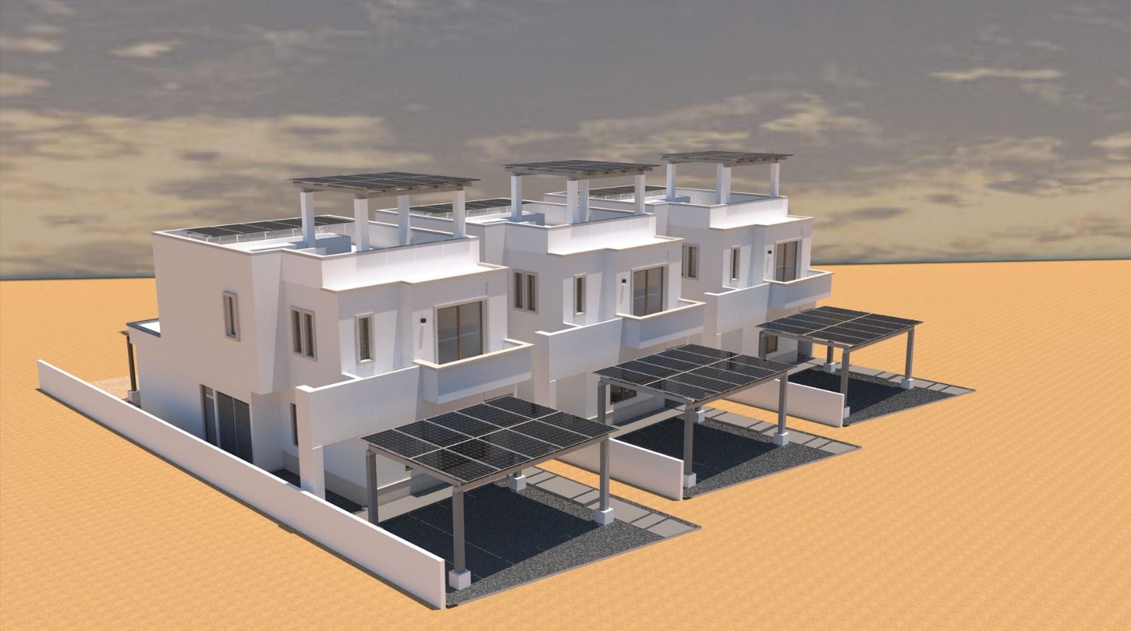 Proyecto de viviendas con sistemas solares fotovoltaicos en azotea y pérgolas
